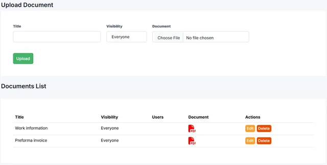 Dashboard di TPM System: caricamento di un documento con scelta della visibilità