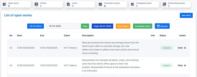 Dashboard di TPM System: elenco dei lavori aperti con date, cliente, descrizione e stato