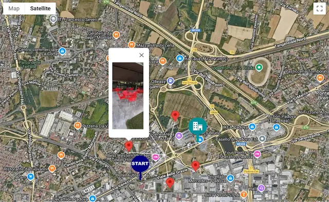 Dashboard di TPM System: mappa del lavoro con punto di inizio e foto geolocalizzate